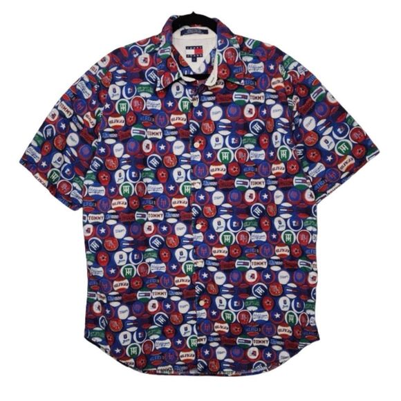 Vintage Tommy Jeans All Over AOP Baseball Button Shirt 90s Streetwear Size XL - Picture 1 of 12